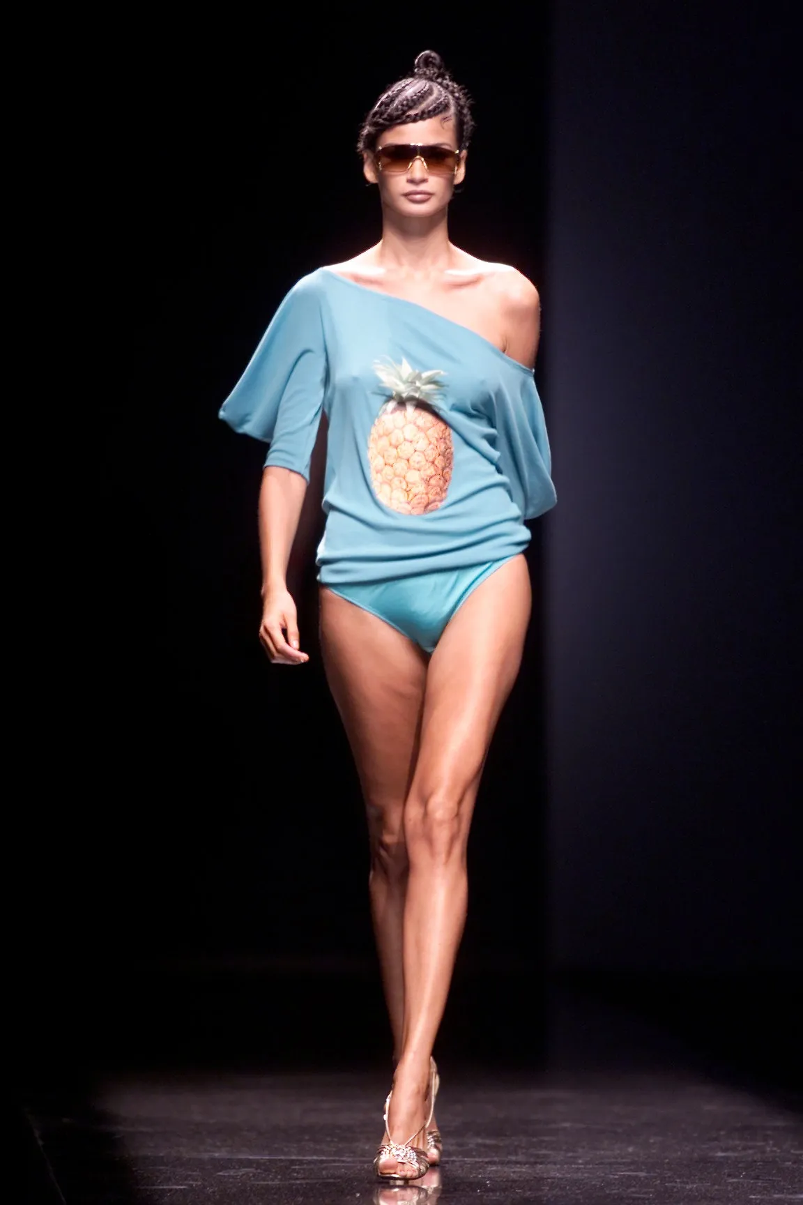 2001 Turquoise Cotton Scoop Neck Top With Pineapple Print And Exaggerated Sleeves