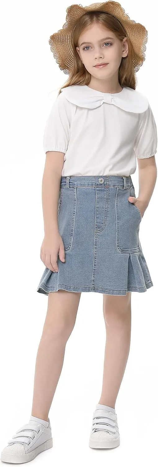 2025 Girl's Denim Skirts Elastic Waist Pleated Toddler Girls Jean Skirt Size 10-12
