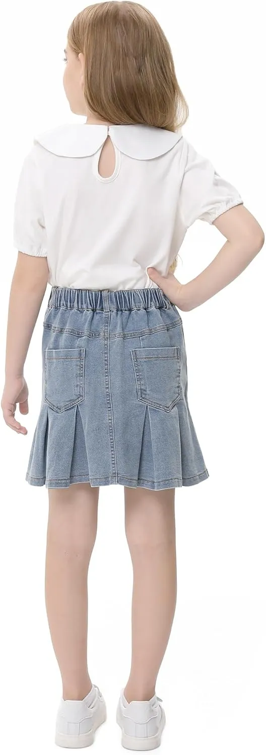 2025 Girl's Denim Skirts Elastic Waist Pleated Toddler Girls Jean Skirt Size 10-12