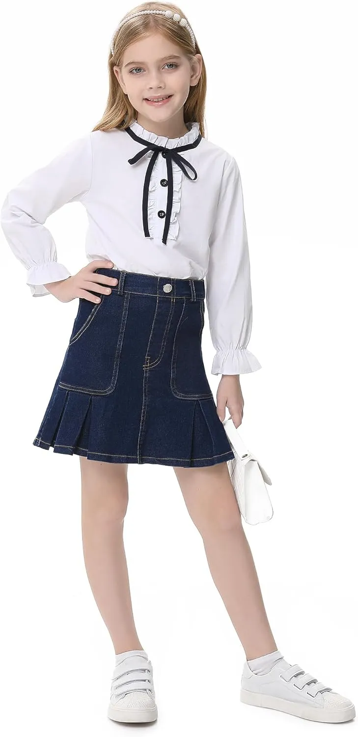 2025 Girl's Denim Skirts Elastic Waist Pleated Toddler Girls Jean Skirt Size 10-12