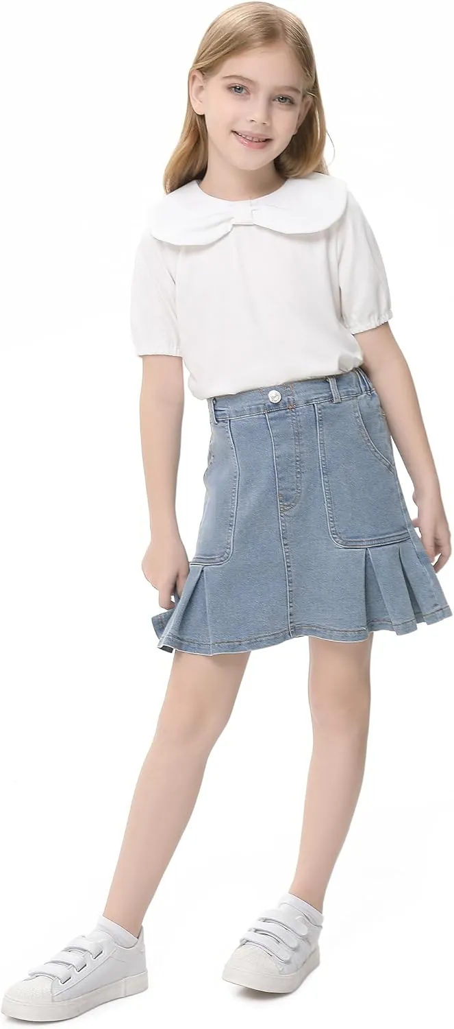 2025 Girl's Denim Skirts Elastic Waist Pleated Toddler Girls Jean Skirt Size 10-12