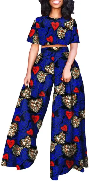 African Suits for Women Short Sleeve Crop Top and Pants 2 Piece Set Outfits Dashiki Plus Size Casual Tracksuit