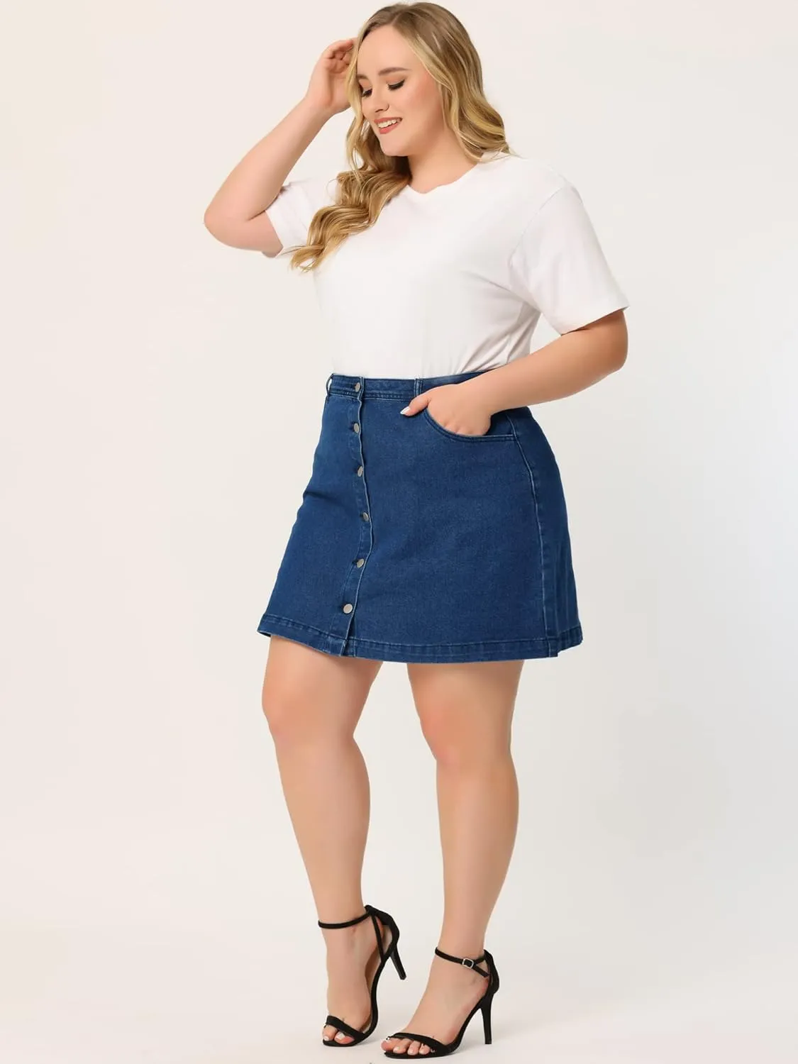 Agnes Orinda Women's Plus Size Denim Skirts Mini Button Side Pocket A Line Casual Summer Jean Skirts