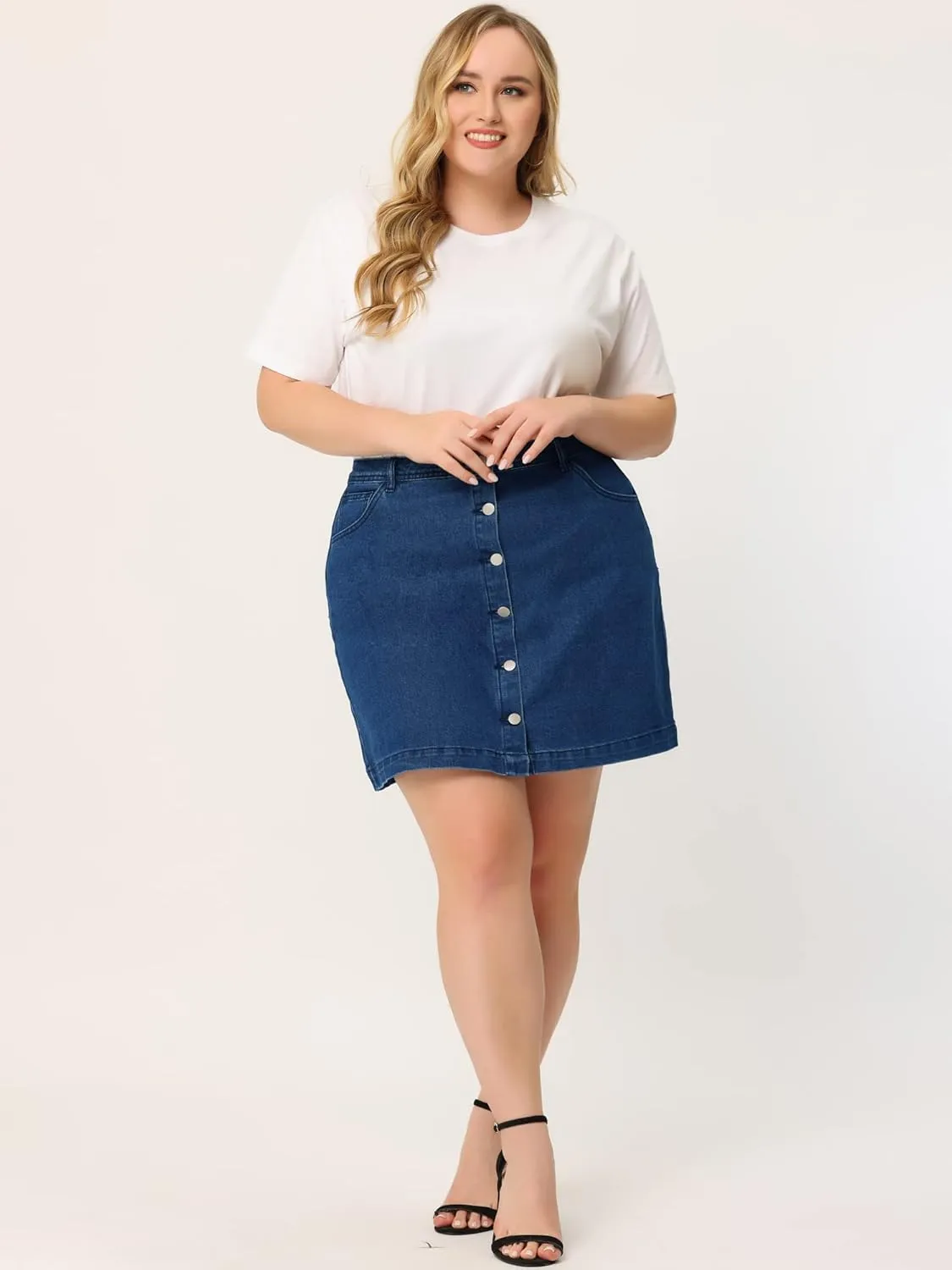 Agnes Orinda Women's Plus Size Denim Skirts Mini Button Side Pocket A Line Casual Summer Jean Skirts
