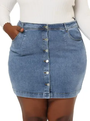 Agnes Orinda Women's Plus Size Denim Skirts Mini Button Side Pocket A Line Casual Summer Jean Skirts