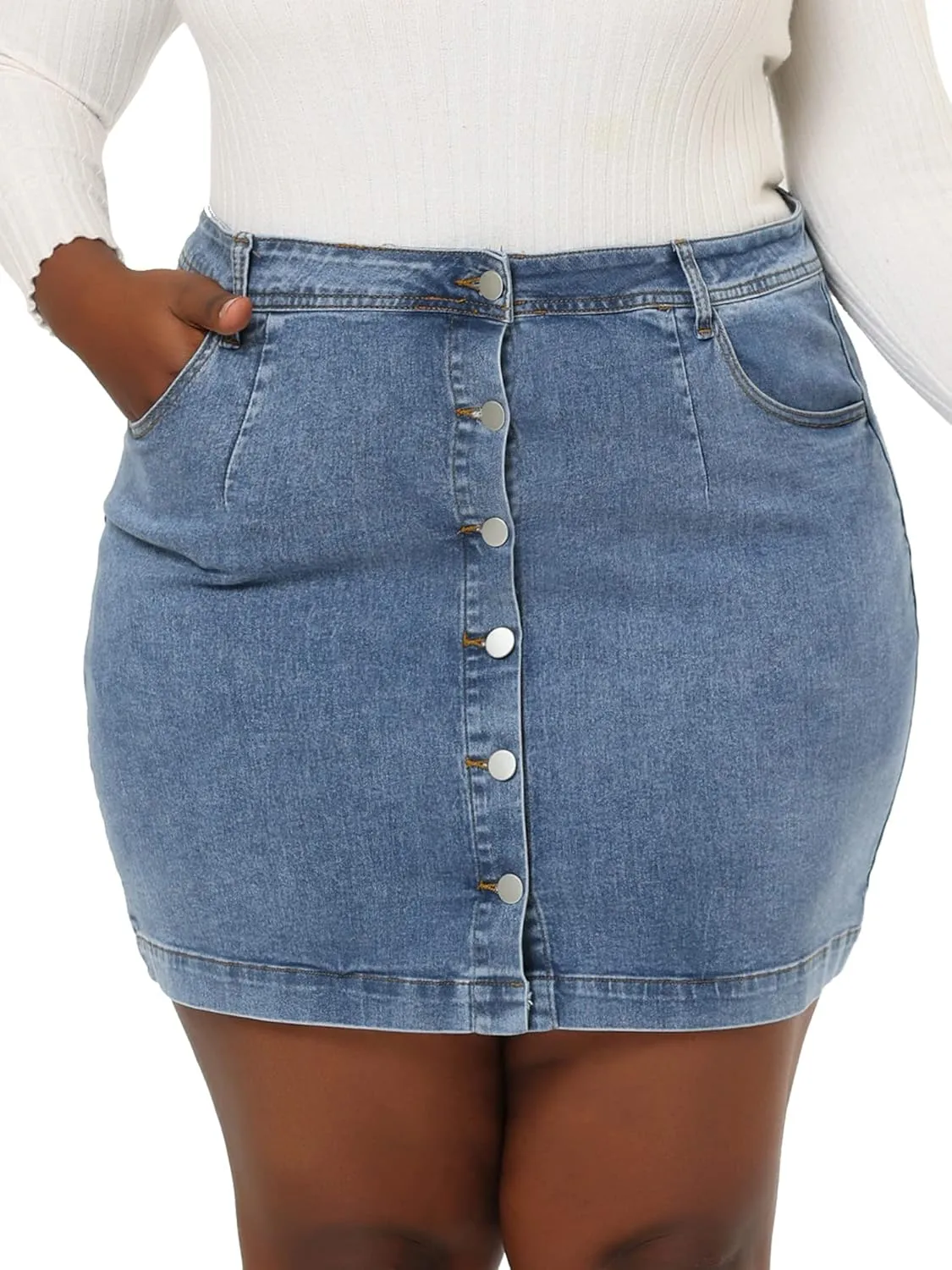 Agnes Orinda Women's Plus Size Denim Skirts Mini Button Side Pocket A Line Casual Summer Jean Skirts