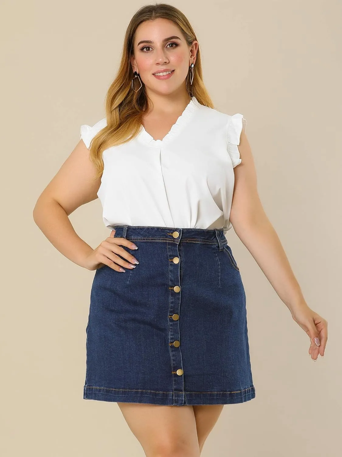 Agnes Orinda Women's Plus Size Denim Skirts Mini Button Side Pocket A Line Casual Summer Jean Skirts