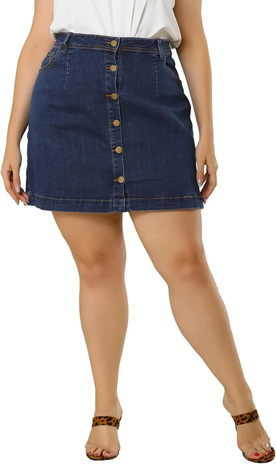Agnes Orinda Women's Plus Size Denim Skirts Mini Button Side Pocket A Line Casual Summer Jean Skirts