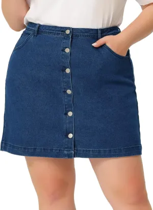 Agnes Orinda Women's Plus Size Denim Skirts Mini Button Side Pocket A Line Casual Summer Jean Skirts
