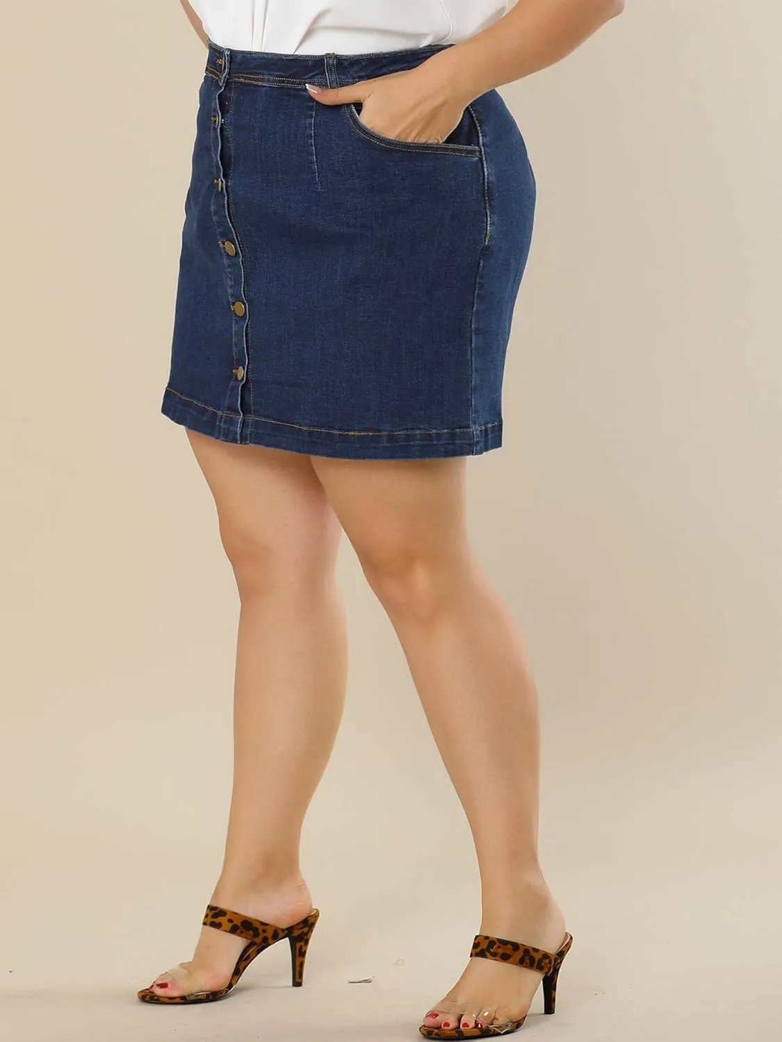 Agnes Orinda Women's Plus Size Denim Skirts Mini Button Side Pocket A Line Casual Summer Jean Skirts