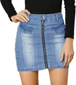 Allegra K Women's Bodycon Denim Skirts Stretch Washed Zip Front Jean Mini Skirt
