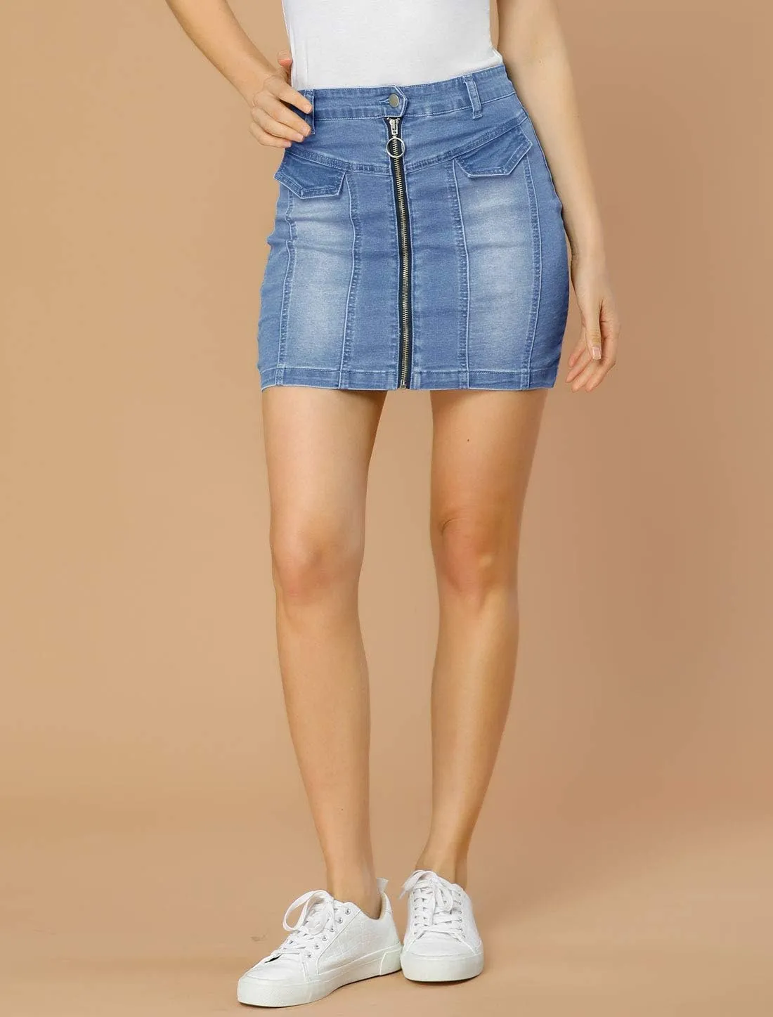 Allegra K Women's Bodycon Denim Skirts Stretch Washed Zip Front Jean Mini Skirt