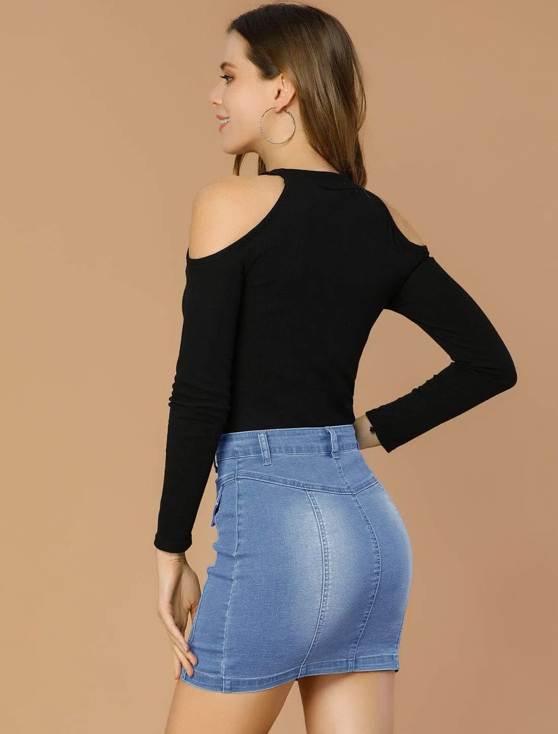 Allegra K Women's Bodycon Denim Skirts Stretch Washed Zip Front Jean Mini Skirt