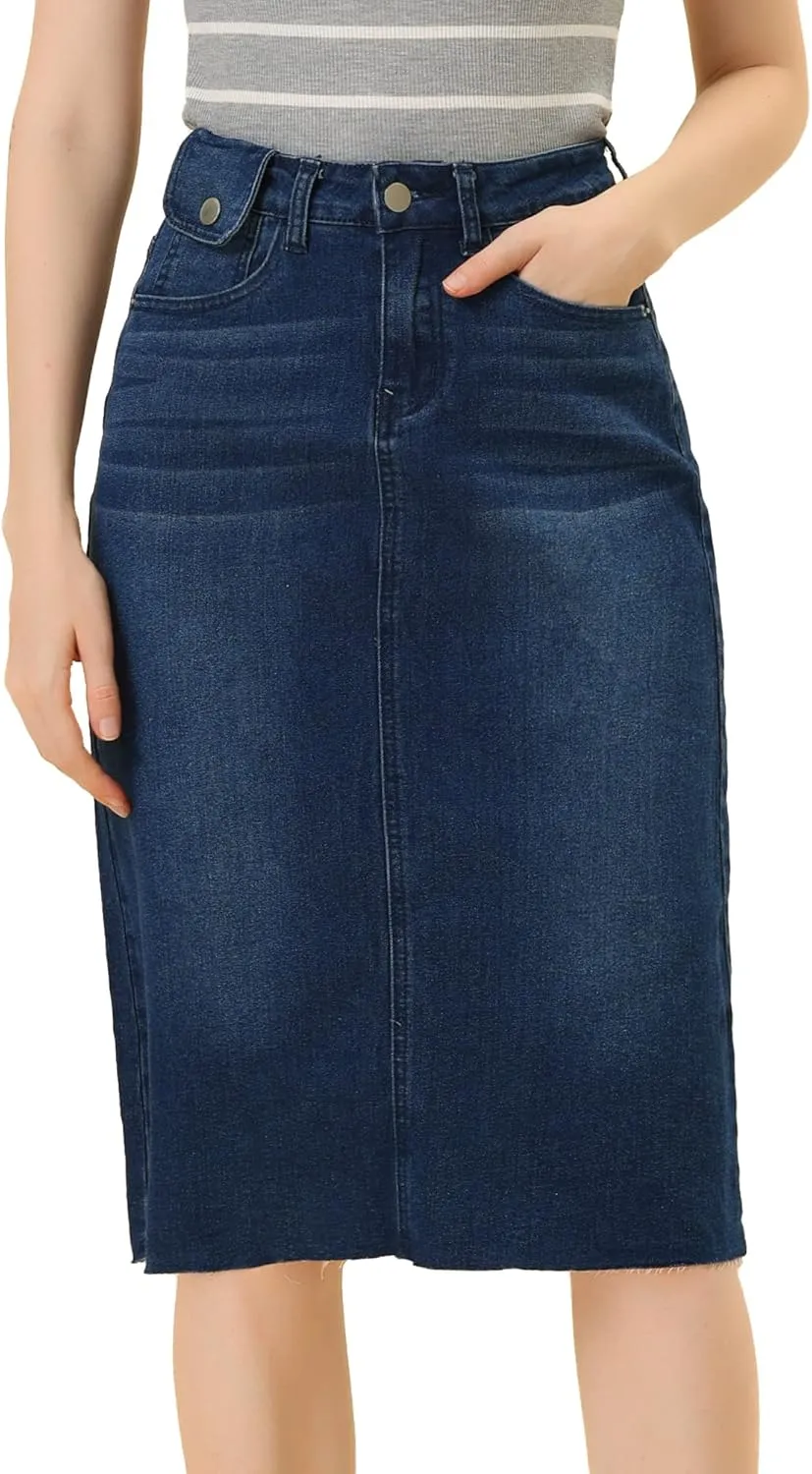 Allegra K Women's Casual Jean Skirt High Waist Back Slit Stretch Denim Skirts