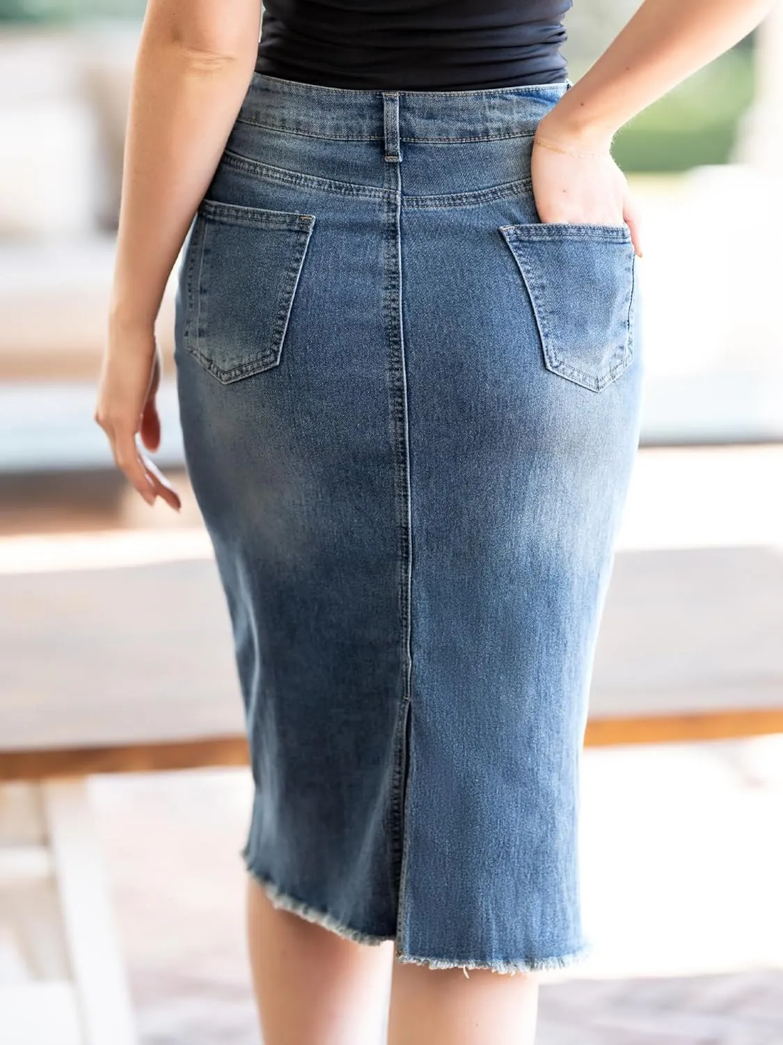 Allegra K Women's Casual Jean Skirt High Waist Back Slit Stretch Denim Skirts