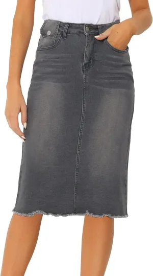 Allegra K Women's Casual Jean Skirt High Waist Back Slit Stretch Denim Skirts