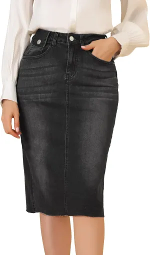 Allegra K Women's Casual Jean Skirt High Waist Back Slit Stretch Denim Skirts