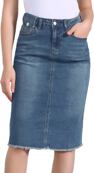 Allegra K Women's Casual Jean Skirt High Waist Back Slit Stretch Denim Skirts