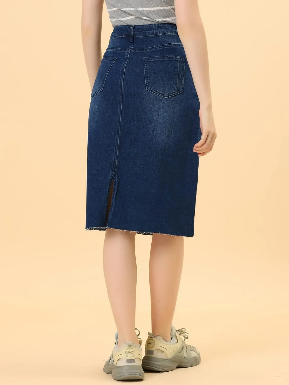 Allegra K Women's Casual Jean Skirt High Waist Back Slit Stretch Denim Skirts