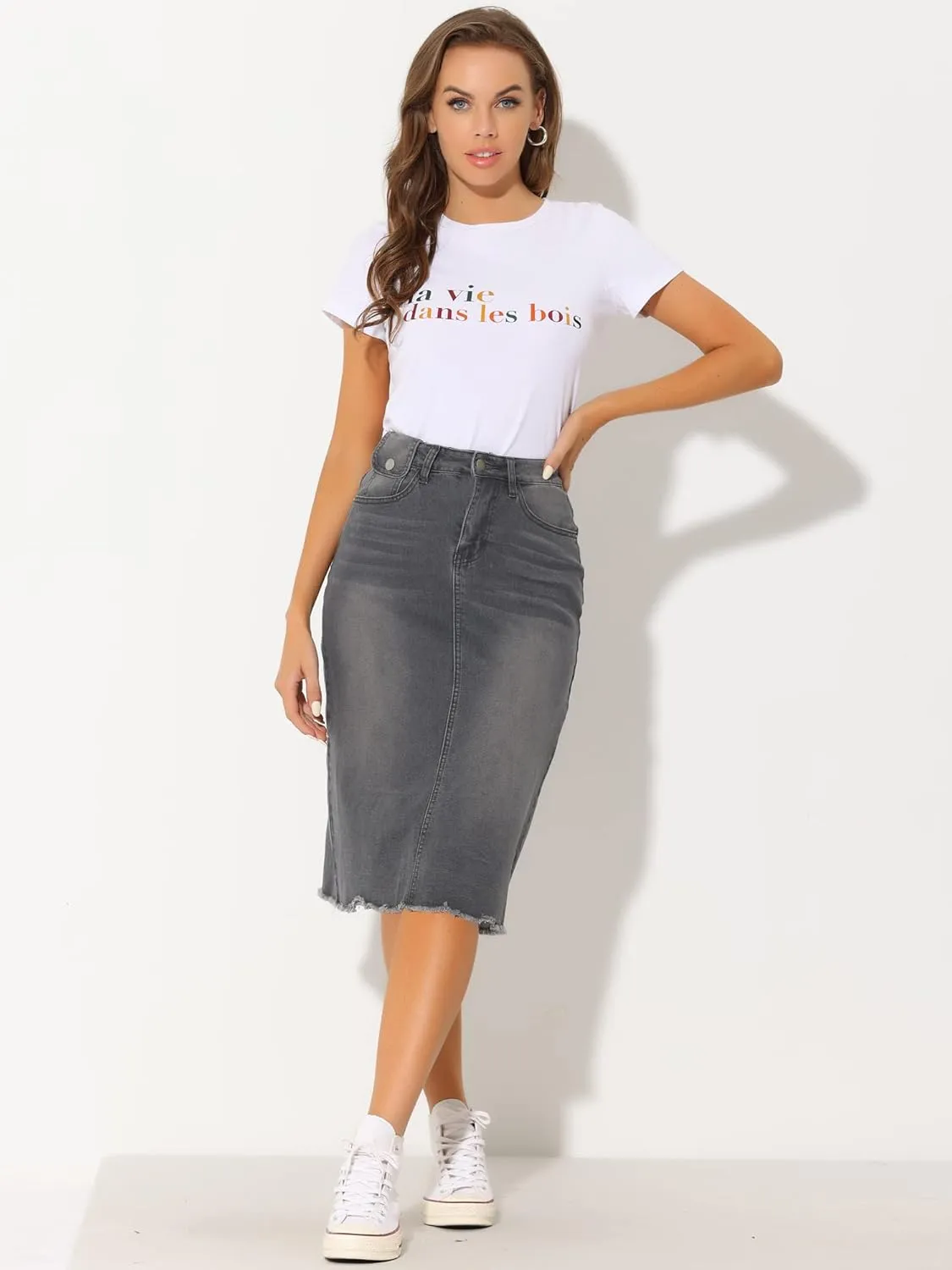 Allegra K Women's Casual Jean Skirt High Waist Back Slit Stretch Denim Skirts