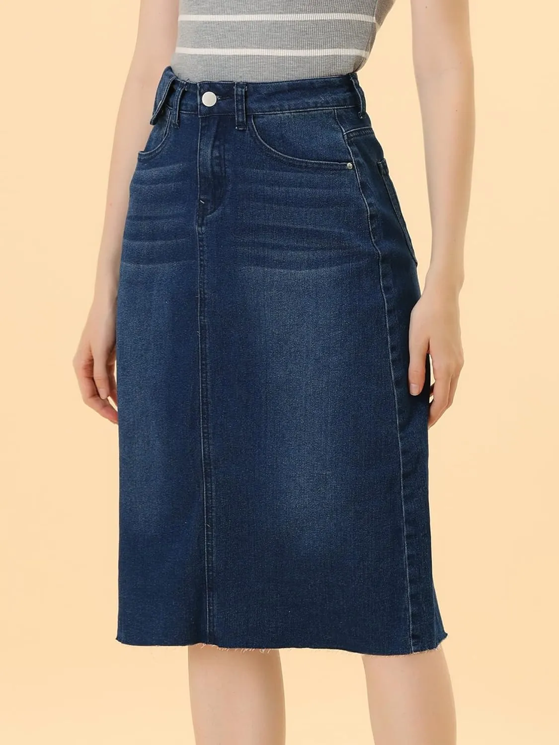 Allegra K Women's Casual Jean Skirt High Waist Back Slit Stretch Denim Skirts