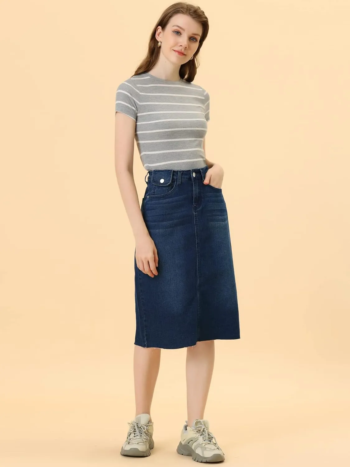 Allegra K Women's Casual Jean Skirt High Waist Back Slit Stretch Denim Skirts