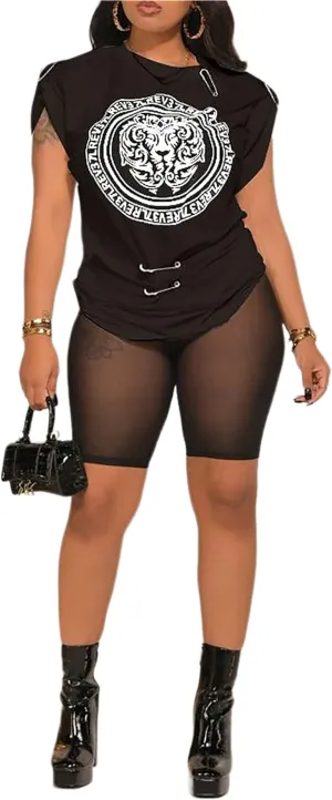 Atyfuniby Womens Sexy Two Piece Outfits Printed T Shirts Blouse and Mesh See Through Skinny Shorts Sets