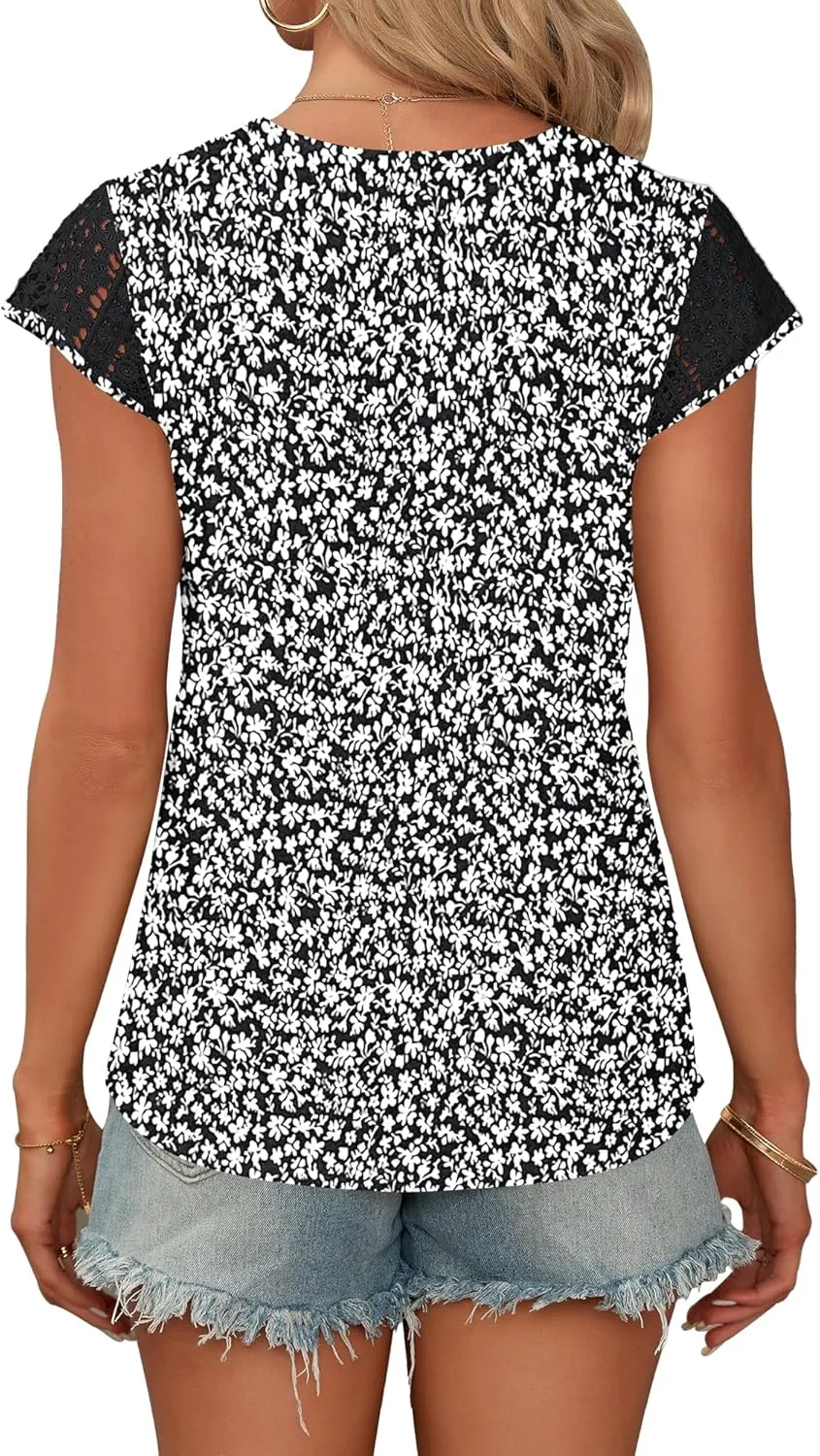 AUSELILY Women's Summer Tops Casual Short Cap Sleeve Crewneck Lace Trim Ladies T Shirts 2025 Trendy