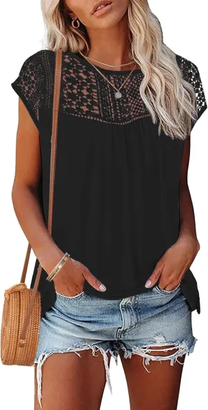 AUSELILY Women's Summer Tops Casual Short Cap Sleeve Crewneck Lace Trim Ladies T Shirts 2025 Trendy