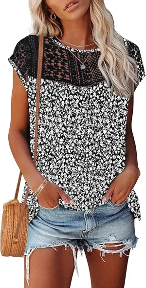AUSELILY Women's Summer Tops Casual Short Cap Sleeve Crewneck Lace Trim Ladies T Shirts 2025 Trendy