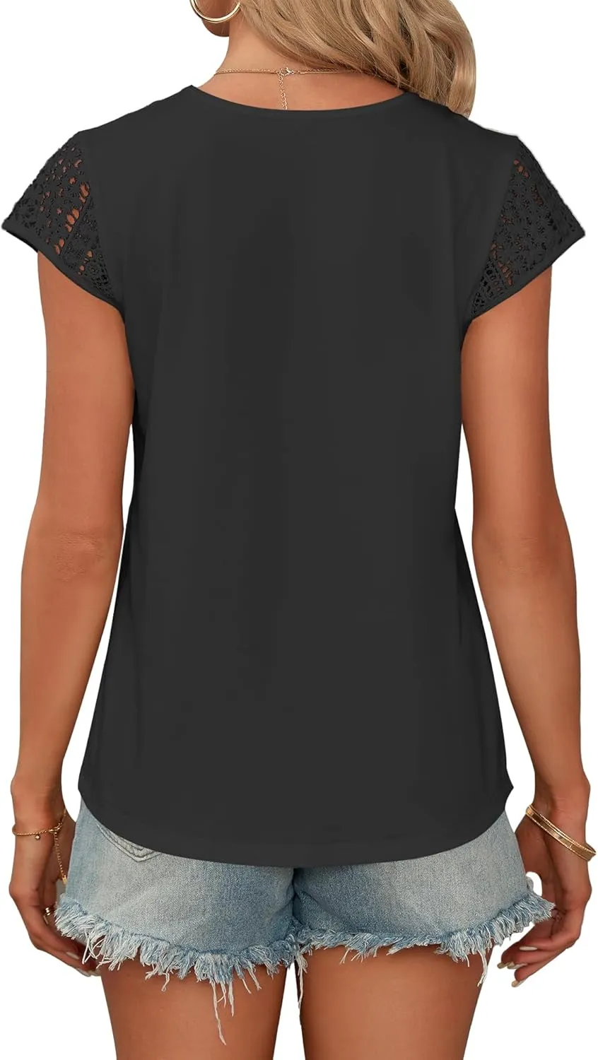 AUSELILY Women's Summer Tops Casual Short Cap Sleeve Crewneck Lace Trim Ladies T Shirts 2025 Trendy