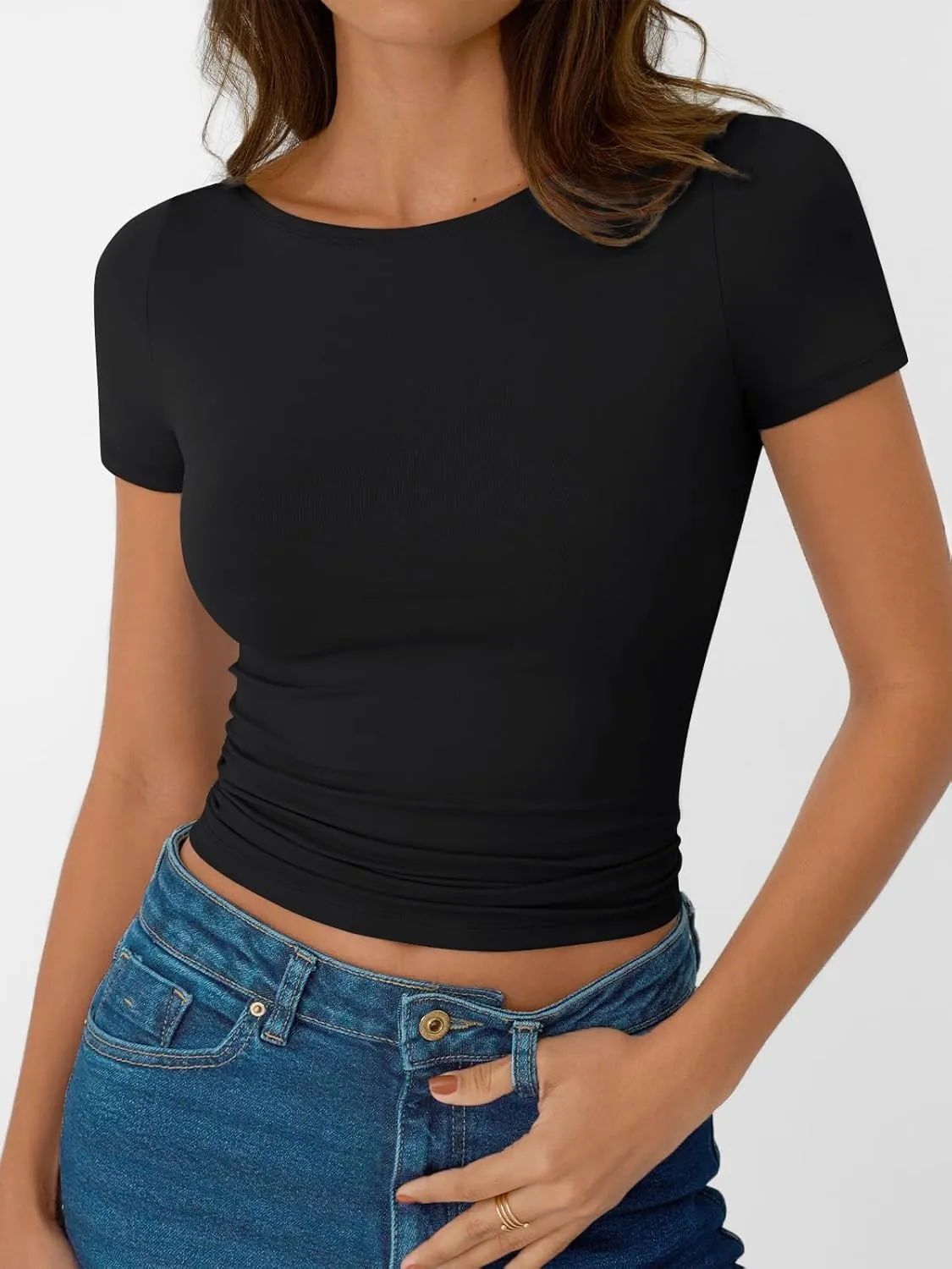 AUTOMET Womens Short Sleeve Boat Neck T-Shirts Going Out Tops Compression Summer Y2k Basic Clothes 2025