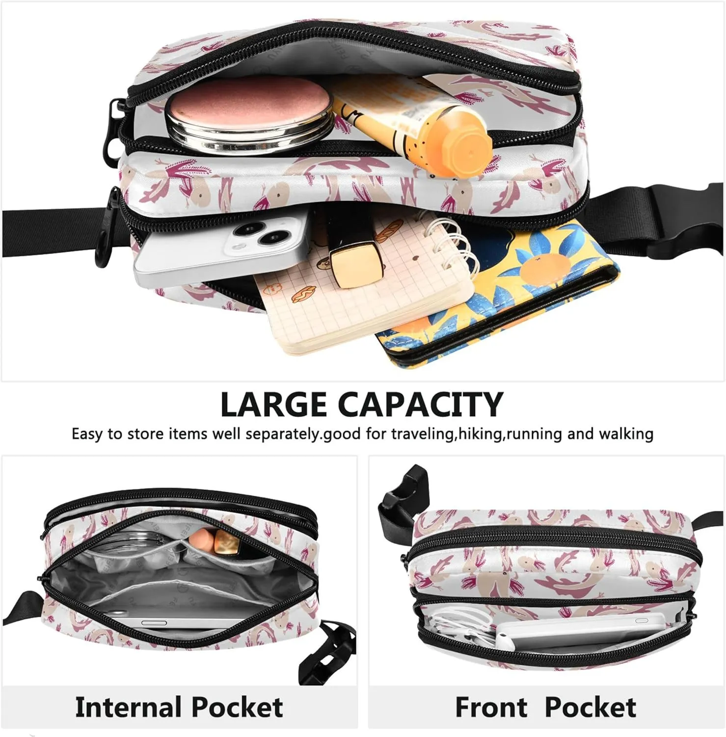 Axolotl Fish Women Fanny Pack Bright Color Large Hip Belt Bag Waterproof Waist Purse for Women