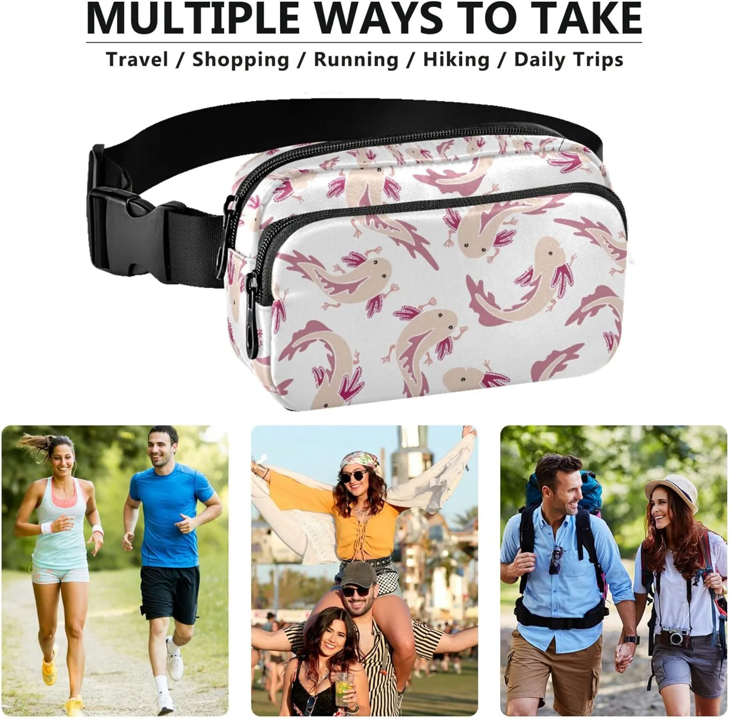 Axolotl Fish Women Fanny Pack Bright Color Large Hip Belt Bag Waterproof Waist Purse for Women