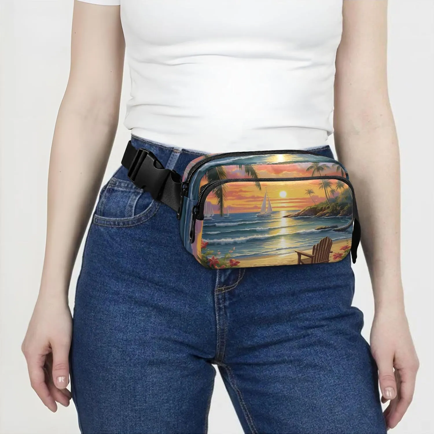 Beach Scene Tropical Fanny Packs for Women Hip Pack Belt Bag Waterproof Funny Travel Waist Bag
