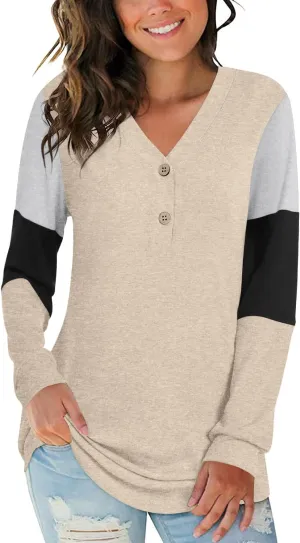 BISHUIGE Womens Button Up T-Shirts Long Sleeve Henley Tunic Tops V-Neck Casual Sweatshirt