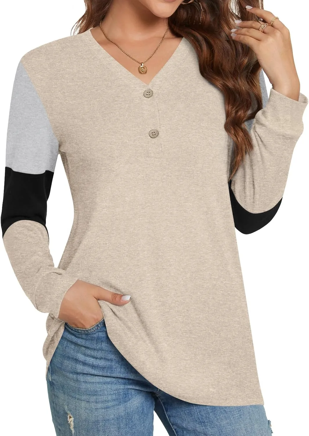 BISHUIGE Womens Button Up T-Shirts Long Sleeve Henley Tunic Tops V-Neck Casual Sweatshirt