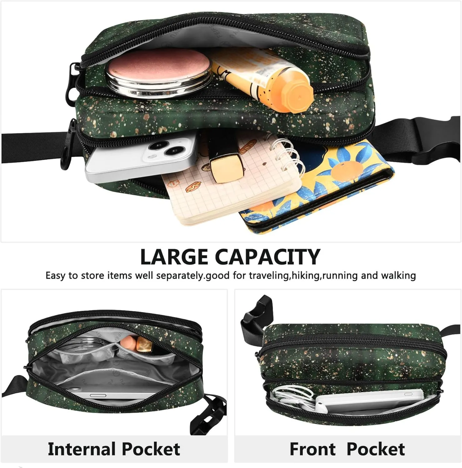 Black Green Gold Womens Fanny Pack Fashion Belt Bag Hip Pack Waterproof Waist Purse for Women