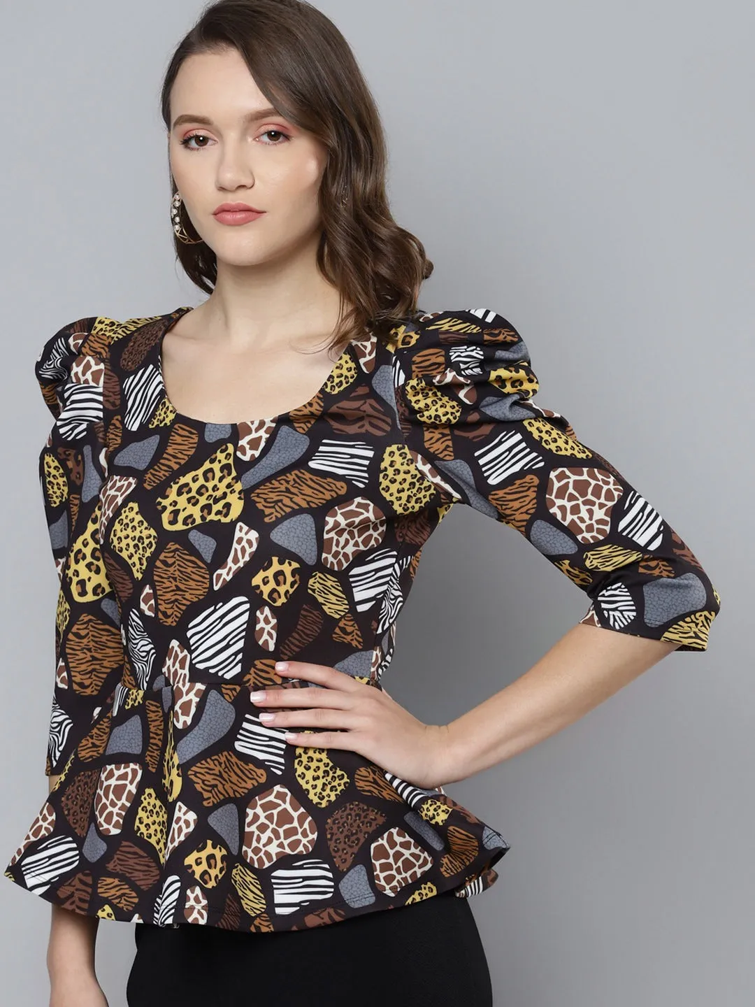 Black Scuba Abstract Animal Peplum Top