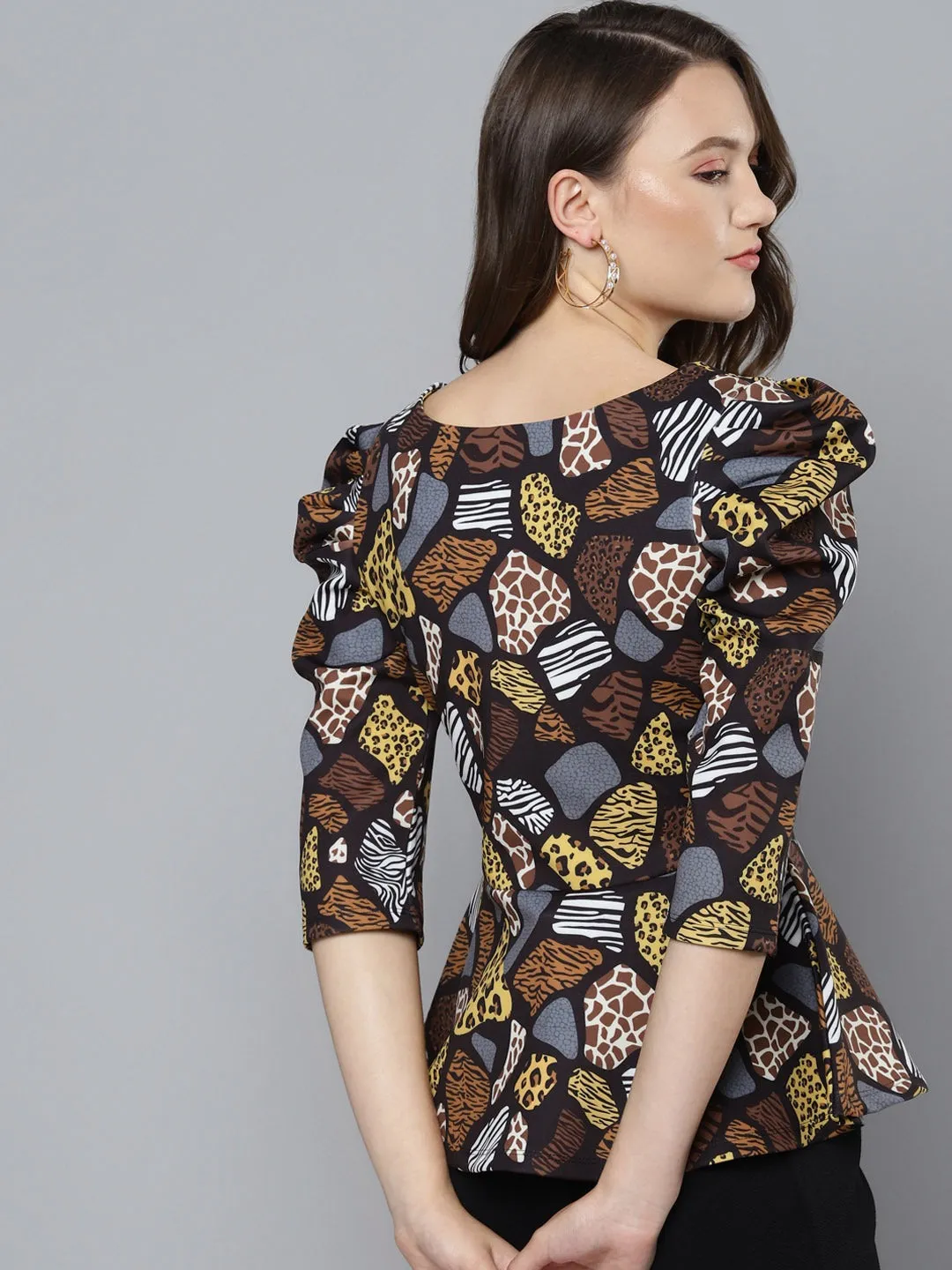 Black Scuba Abstract Animal Peplum Top