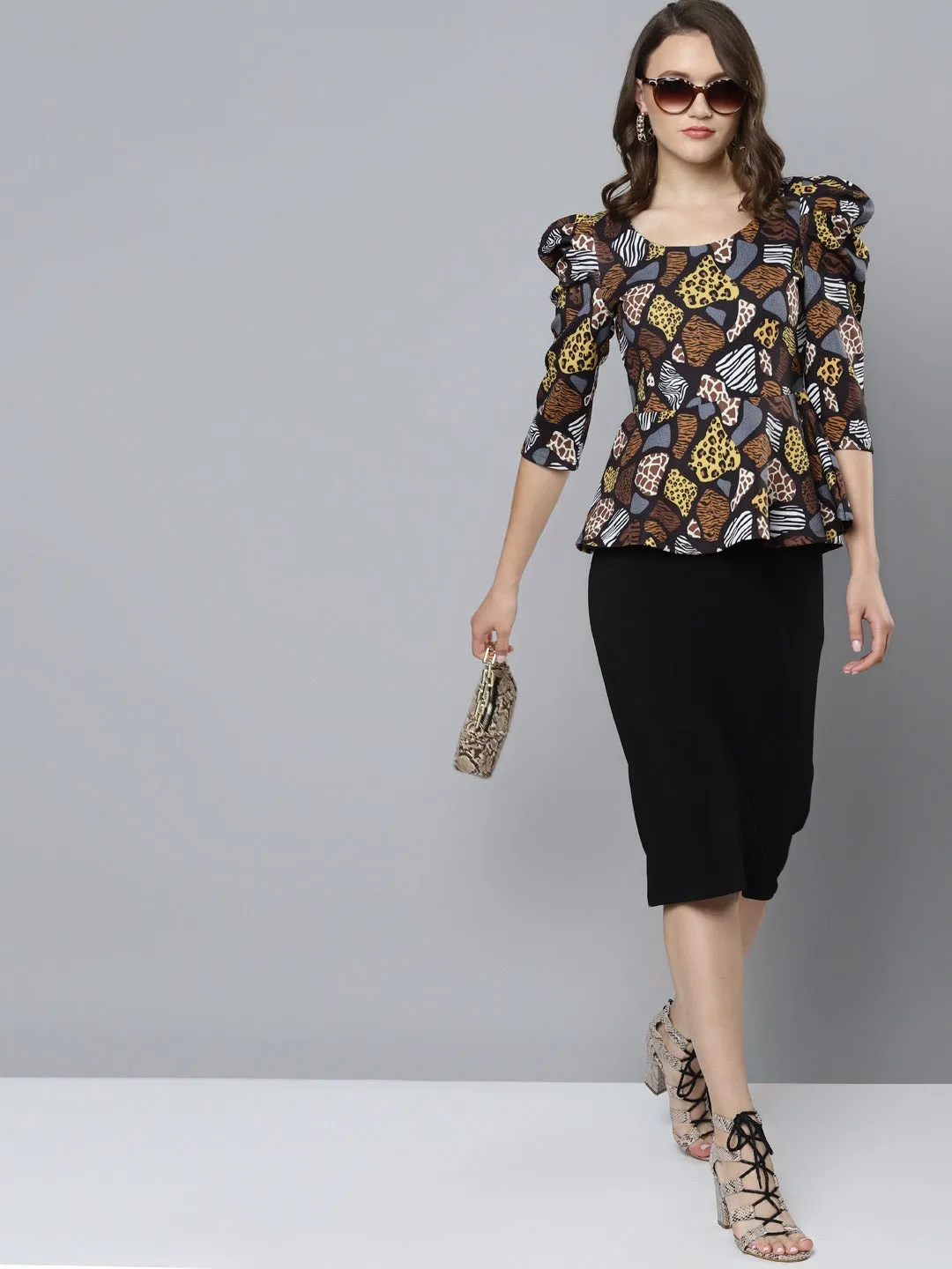 Black Scuba Abstract Animal Peplum Top