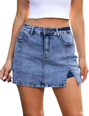 Bloomy Skorts, Bloomy Jean Skorts, High Waisted Casual Stretchy Denim Skirt Side Split Mini Skirts with Pocket