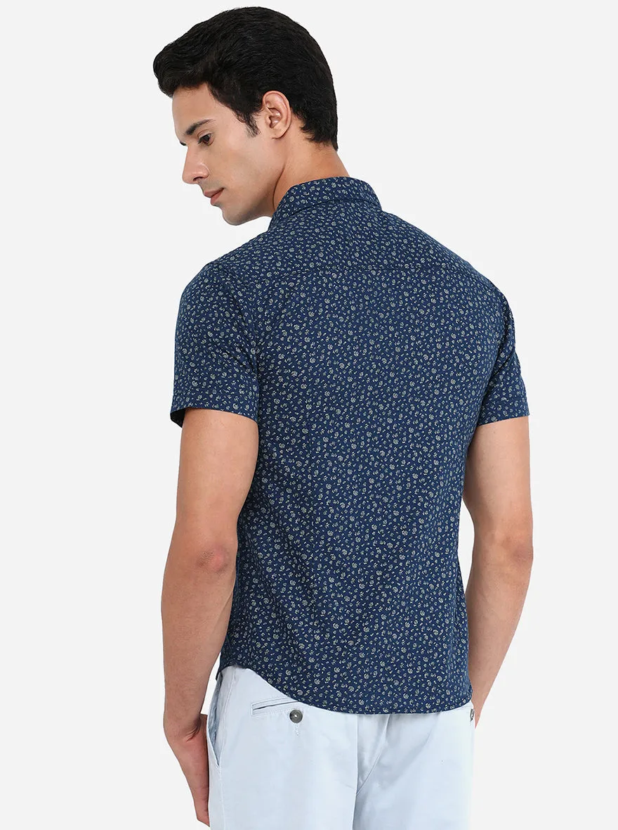 Blue & Grey Printed Slim Fit Semi Casual Shirt | Greenfibre