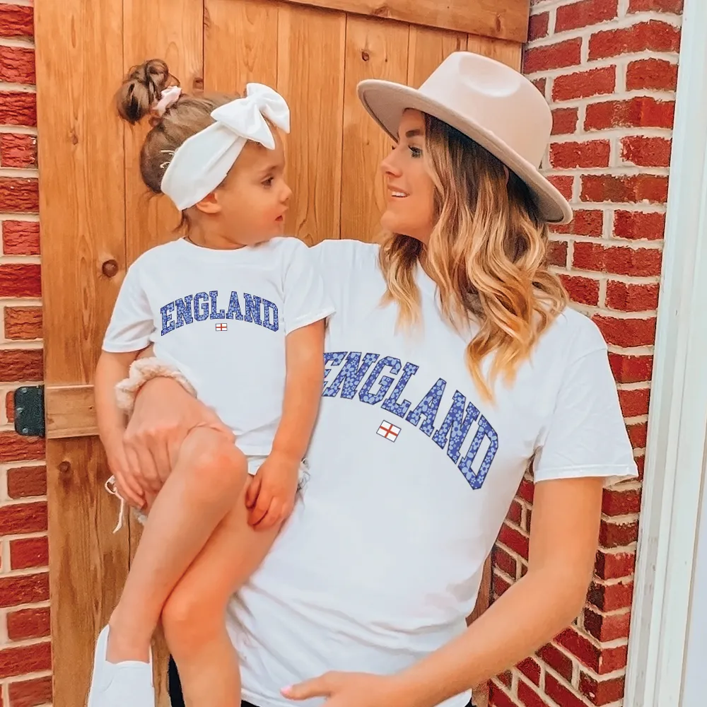 Blue Floral England Matching White T-shirts