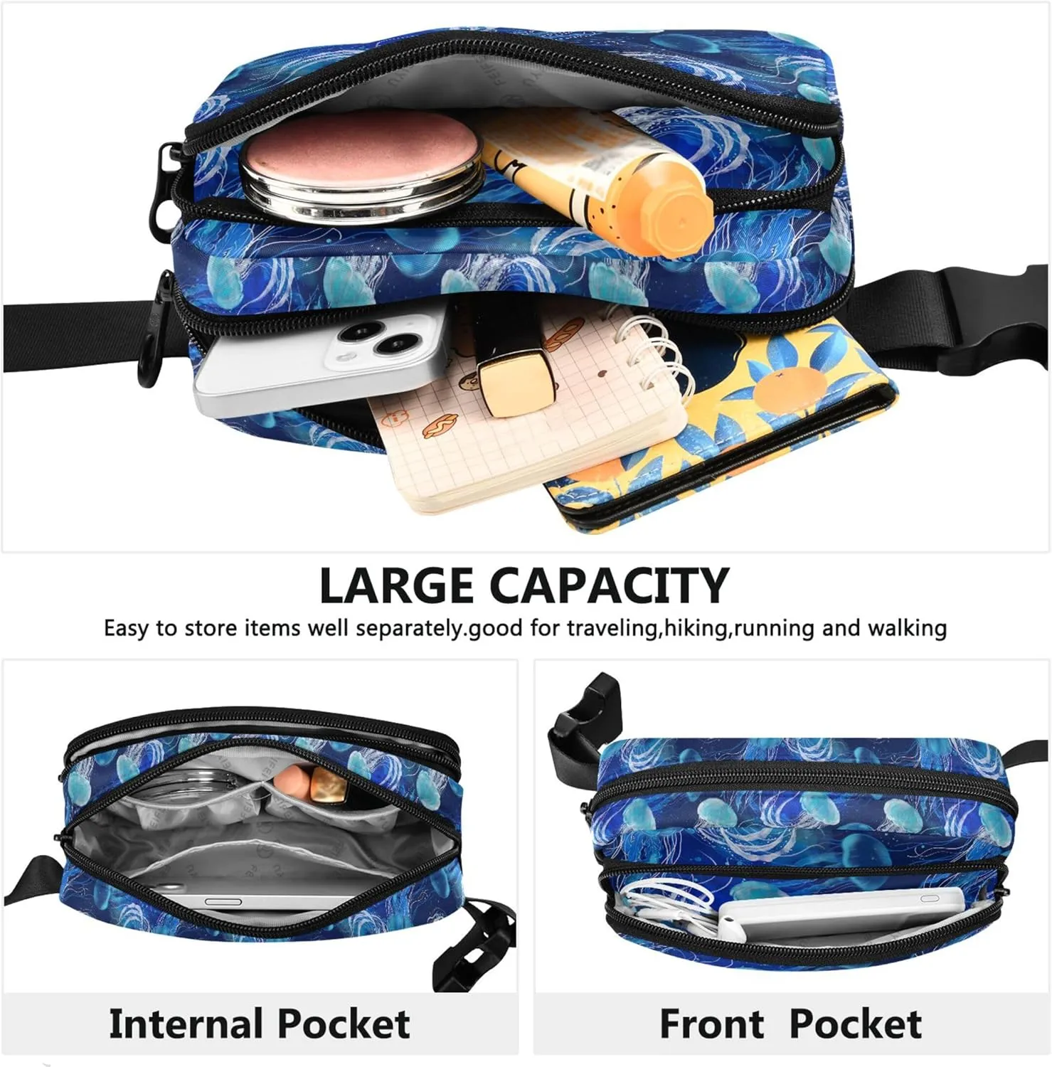 Blue Jellyfishes Underwater Women Fanny Pack Waterproof Anti Theft Belt Bag Pattern Travel Waist Pouch