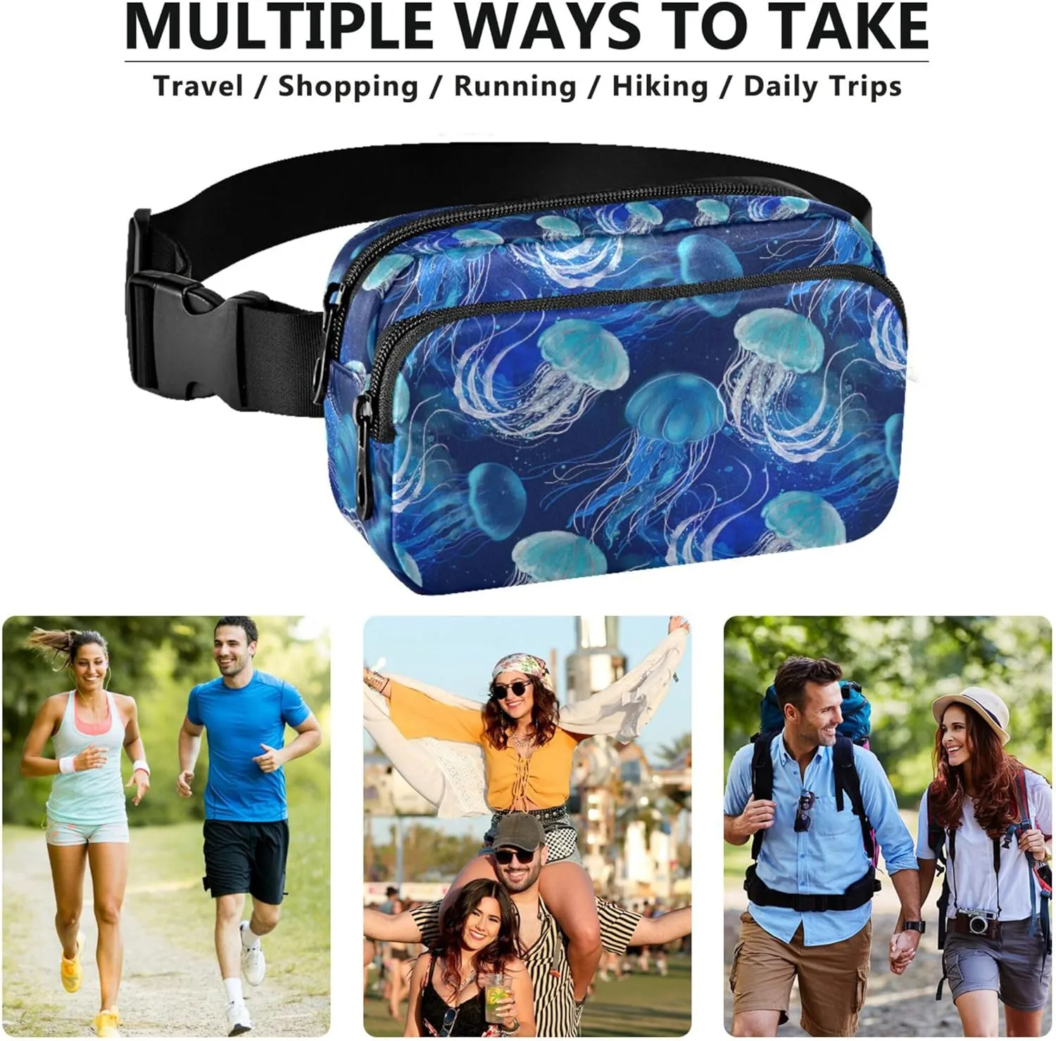 Blue Jellyfishes Underwater Women Fanny Pack Waterproof Anti Theft Belt Bag Pattern Travel Waist Pouch