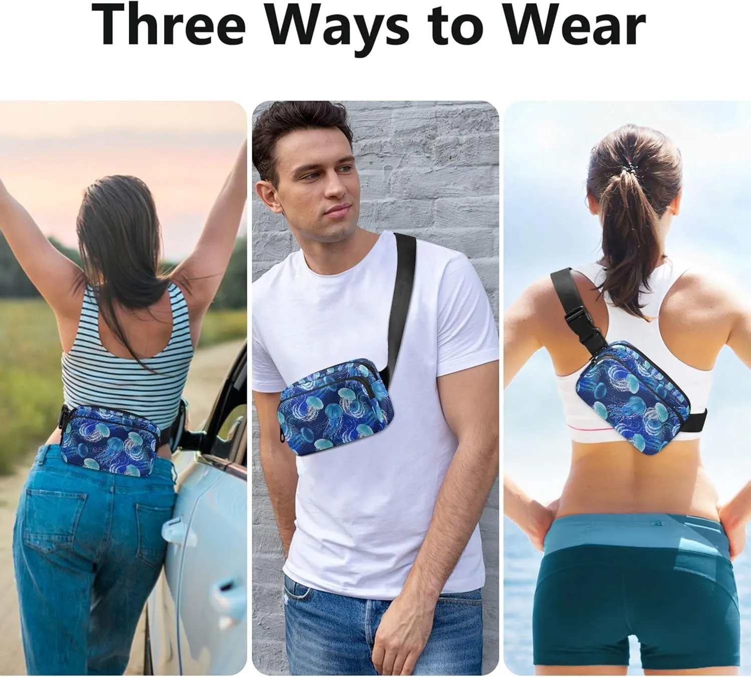 Blue Jellyfishes Underwater Women Fanny Pack Waterproof Anti Theft Belt Bag Pattern Travel Waist Pouch
