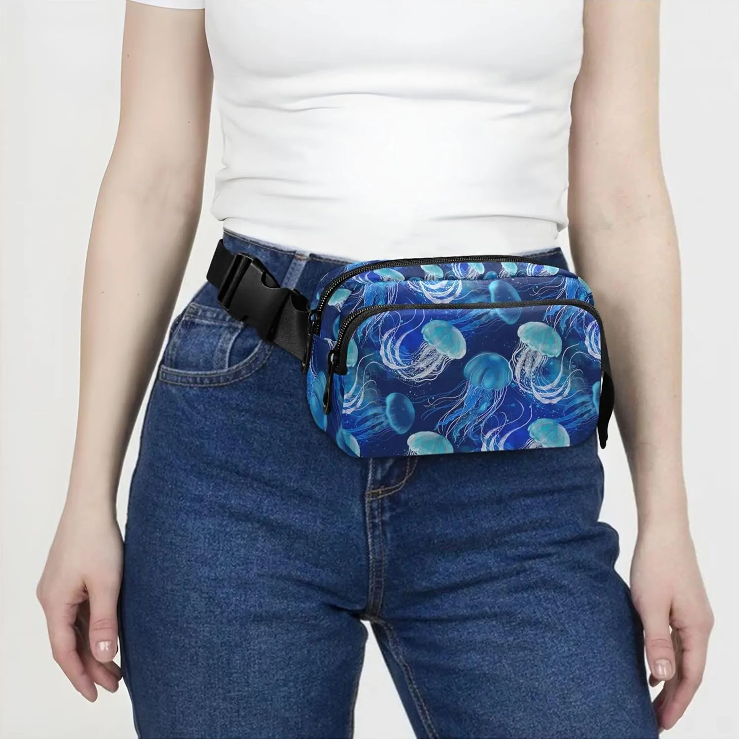 Blue Jellyfishes Underwater Women Fanny Pack Waterproof Anti Theft Belt Bag Pattern Travel Waist Pouch