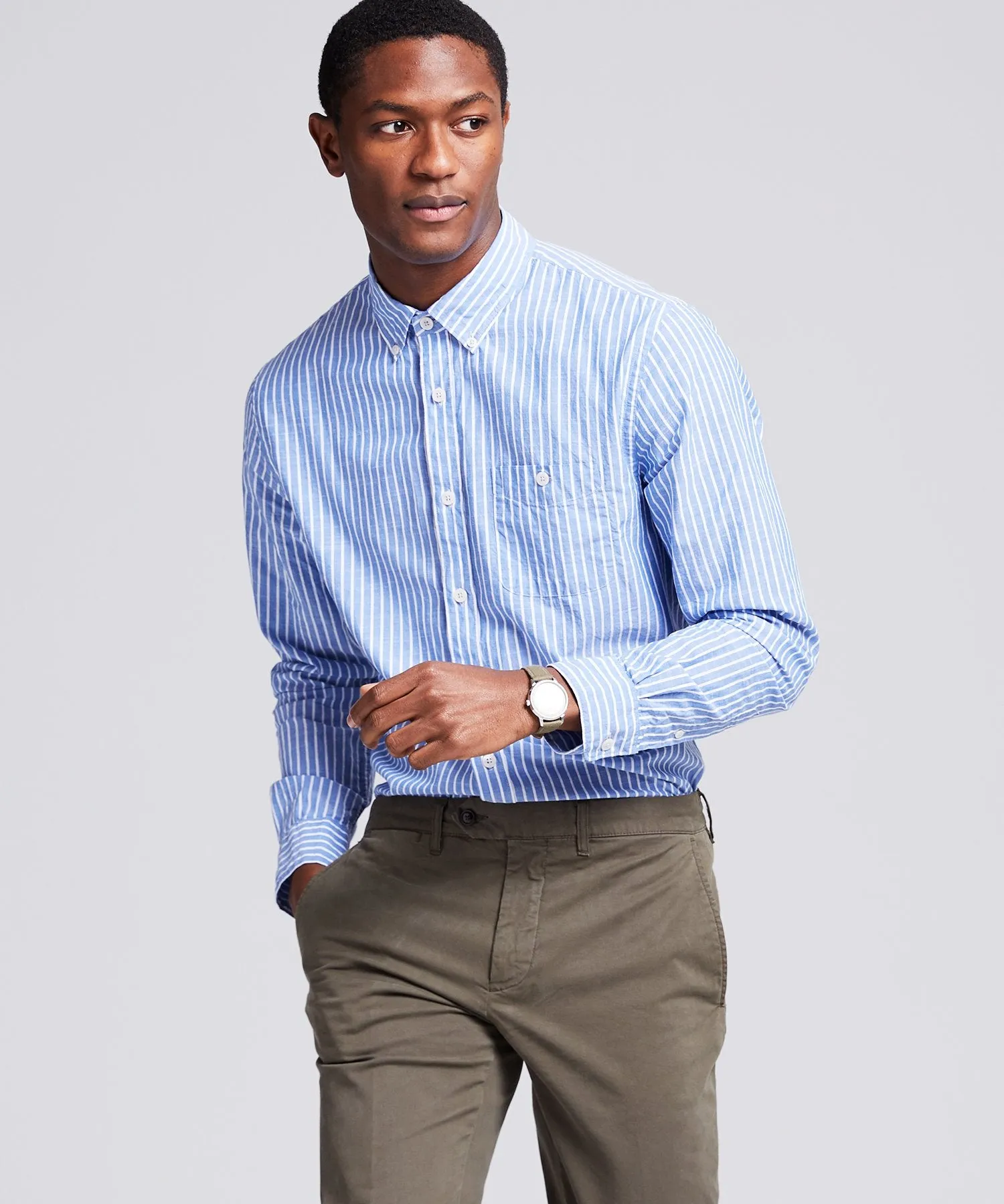 Blue with White Button Down Collar Stripe Long Sleeve