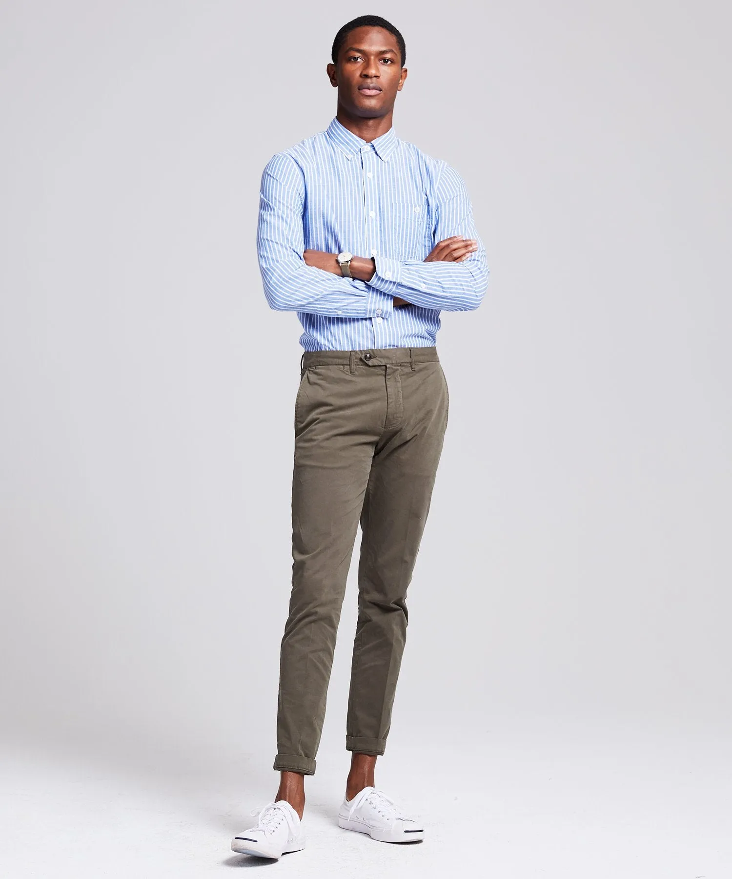Blue with White Button Down Collar Stripe Long Sleeve